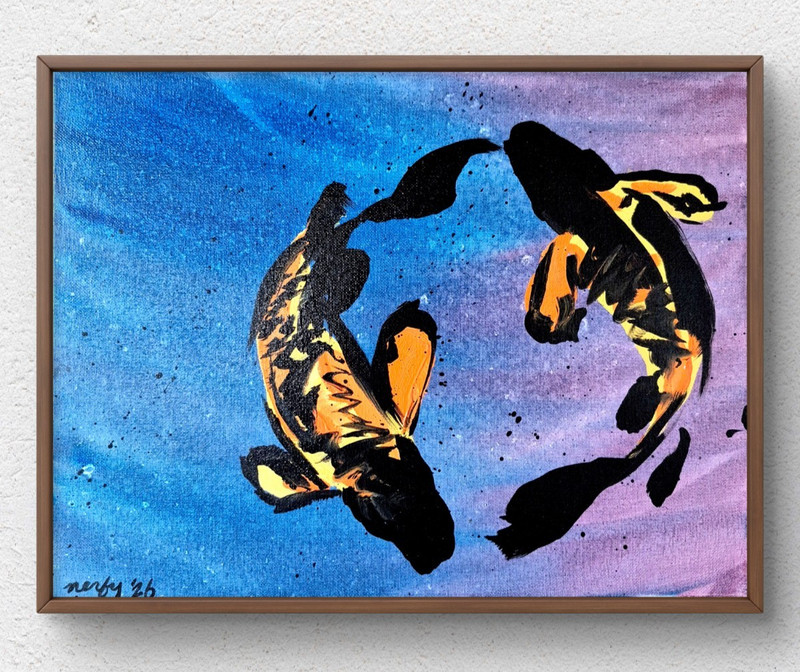 Abstract Swimming Koi Original Wall Art Home Decor Canvas Acrylic 12 x 16 B020