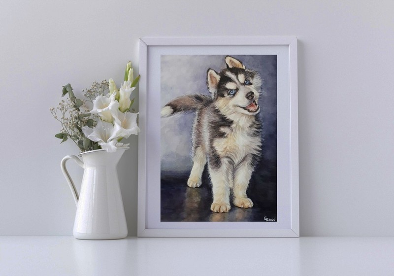 Siberian Husky Dog Cute Puppy animal portrait watercolor painting Nursery A4 Art gallery