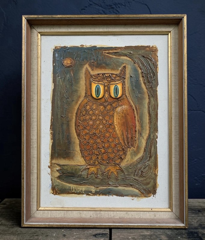 Vintage Mid Century Modern Owl Oil Painting On Canvas By Ware