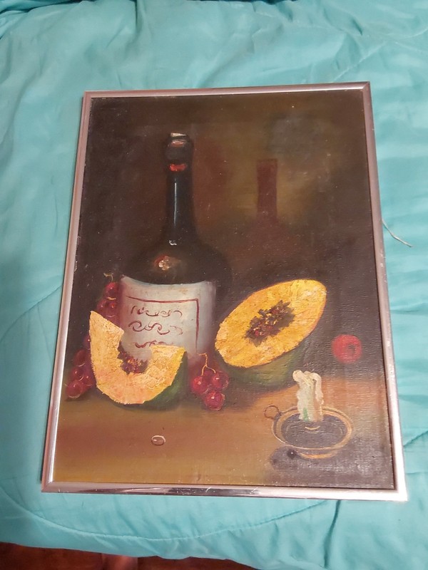 Vintage Framed Oil Painting Wine Bottle/ Fruit Still Life Framed 16.5″ X 12.5″