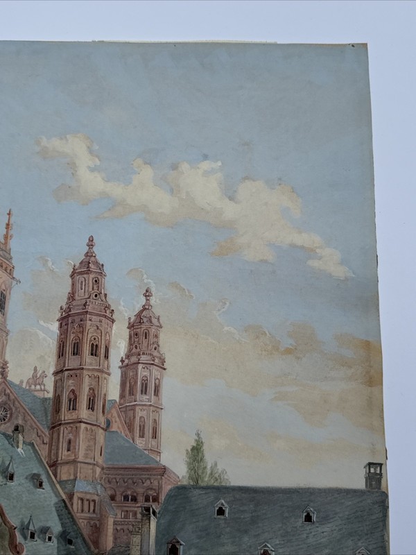 ANTIQUE PAINTING MASTERFUL ARCHITECTURE FAMILY COMMUNITY CITY TOWN WEIGAND RARE gallery