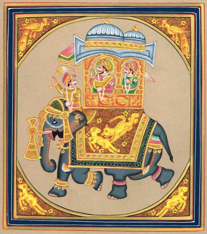 Handmade Indian Painting depicting Mughal royal procession King With Elephant gallery