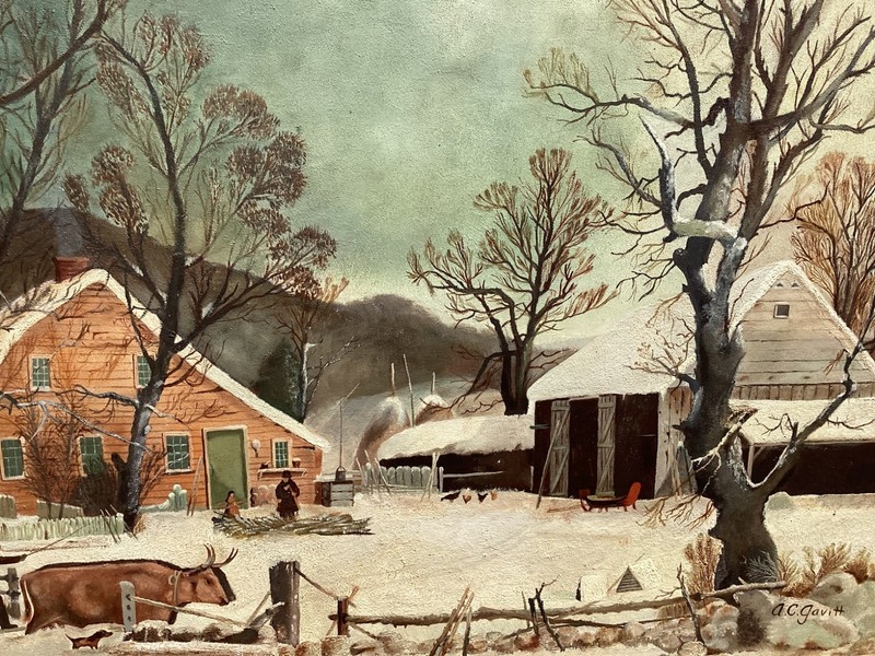 Large Folk Art Oil/Masonite Winter scene In The Manner Of Currier & Ives gallery