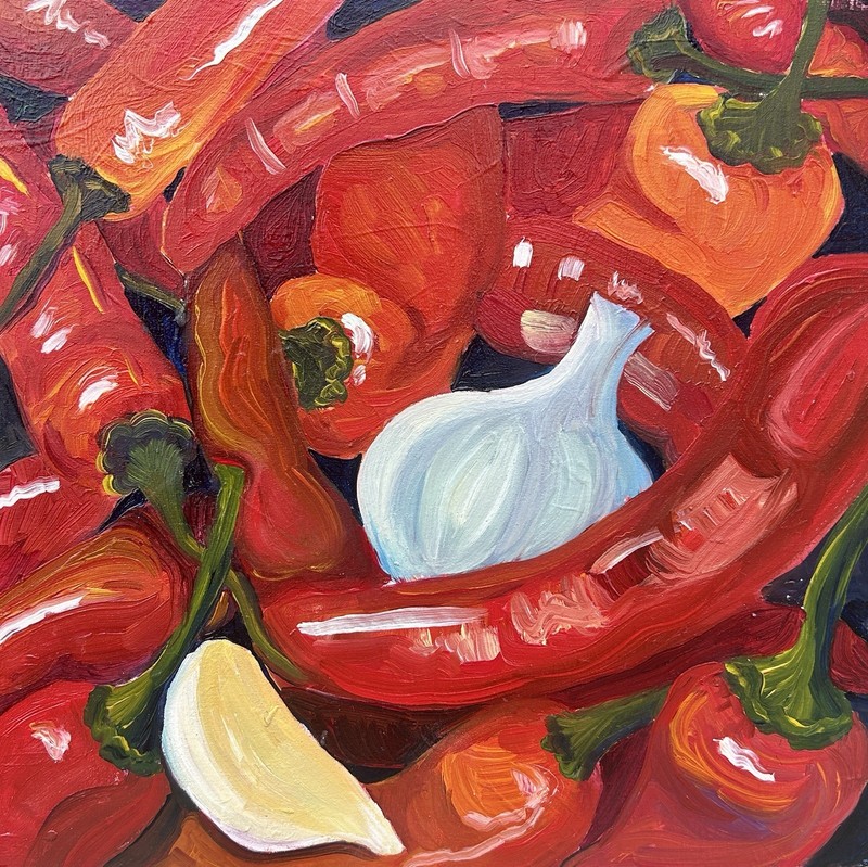 Still Life Vegetables Painting | Modern Food & Drink Art, Peppers & Garlic