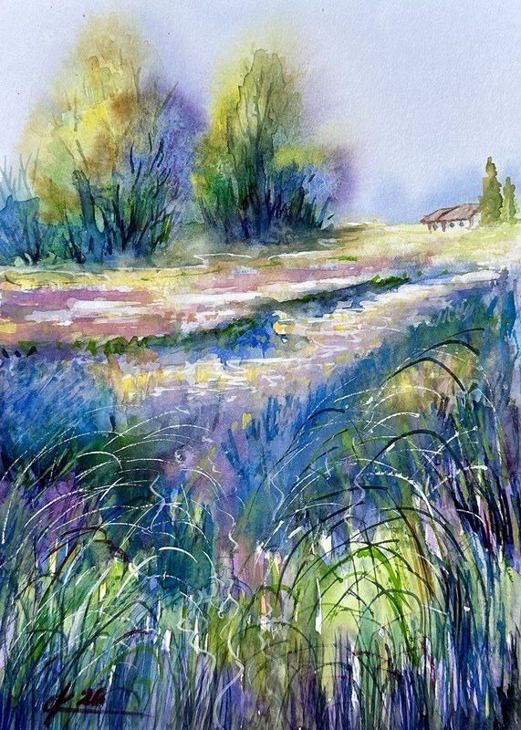 Lavender Field Farm Watercolor Painting Provence Landscape Artwork Original Art
