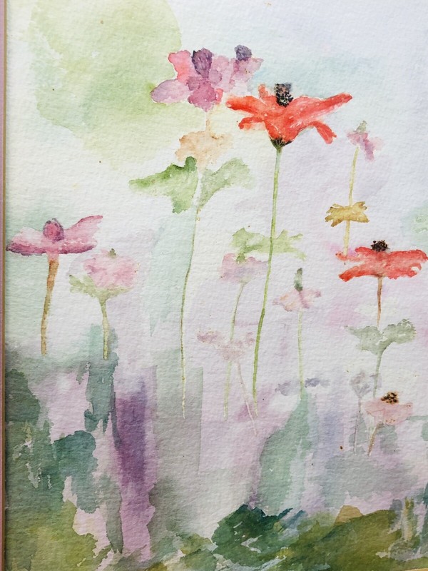 Vintage Watercolor Painting of Flowers on Paper in Frame Signed Posy