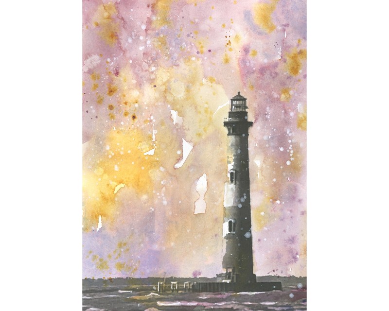 Watercolor painting Morris Island lighthouse South Carolina decor (original)