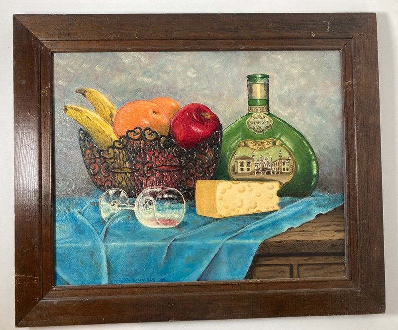 Vintage Original Oil Painting on Canvas -Still Life Wine Cheese -Signed 1980’s