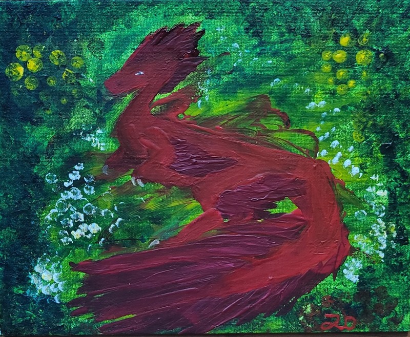 Original 8×10 Acrylic Painting «Flaming Raptor» 2/2 Jungle Dinos Collection