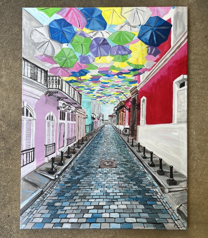 Fortaleza Puerto Rico 36”x48” Original Acrylic Unframed Umbrellas Street