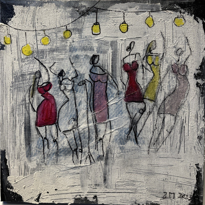 Women dance club 40×40 acrylic picture orig sign ZM structure collage mixedmedi