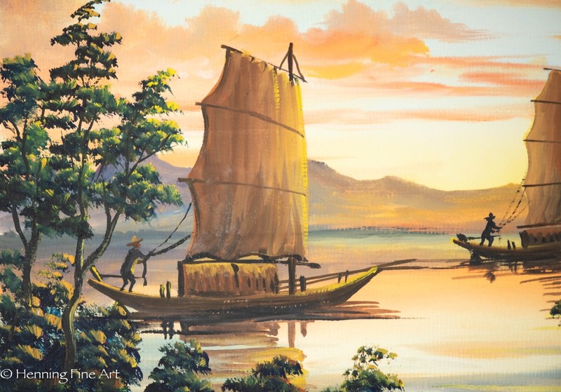 Beautiful Vintage Mid Century South East Asian Junk Boat Landscape Painting 2 gallery