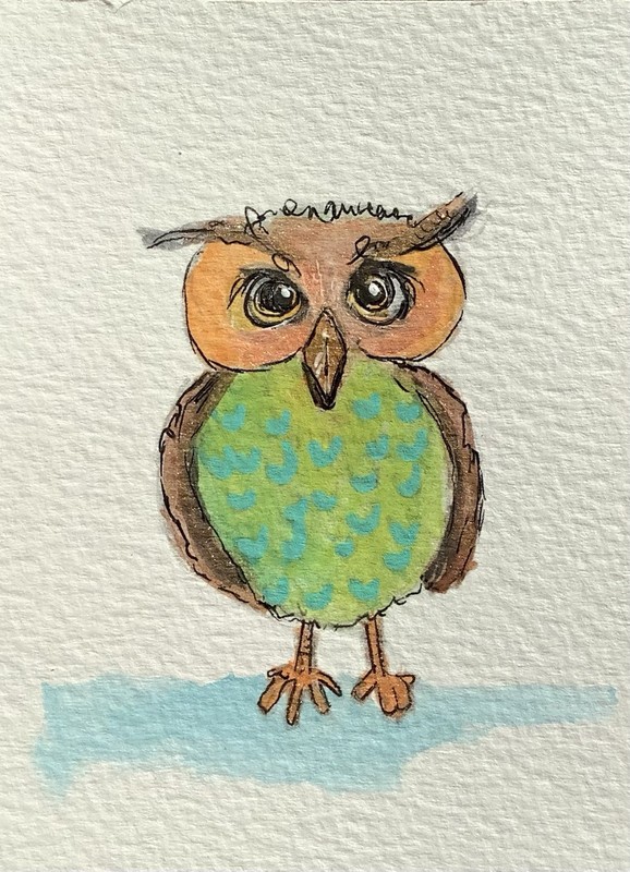 Aceo by Kenna Whimsy Owl Painting Original Signed 2.5” X 3.5” gallery