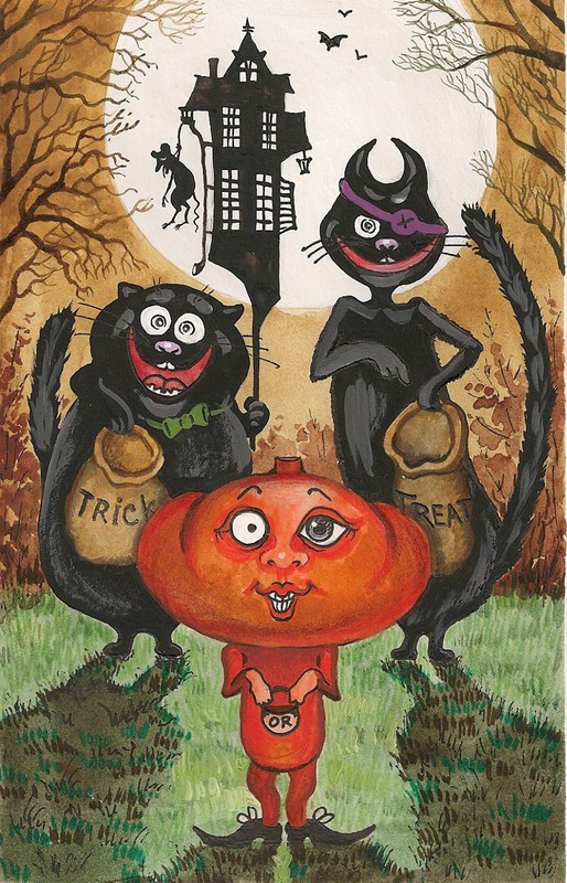 HALLOWEEN PRINT OF PAINTING RYTA BLACK CAT VINTAGE FOLK ART STYLE MOON Mouse 🎃