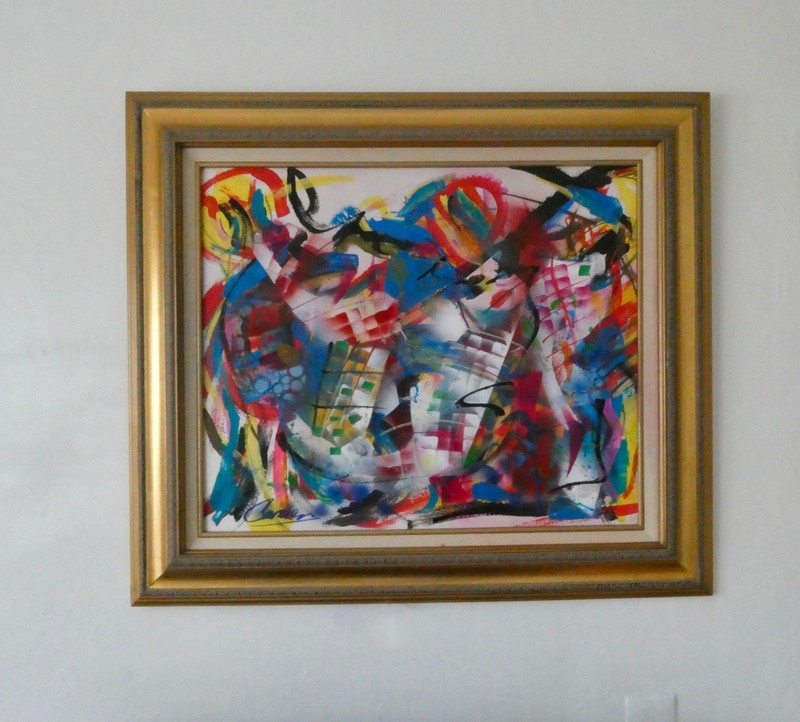 Modern art abstract acrylic painted gallery finish with frame gold ready to hang gallery
