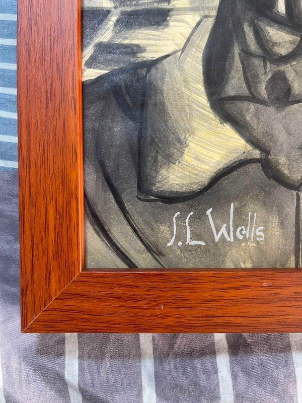 JAMES LESESNE WELLS DRAWING ON ANTIQUE PAPER, FRAMED ON WOOD, SIGNED AND SEALED gallery