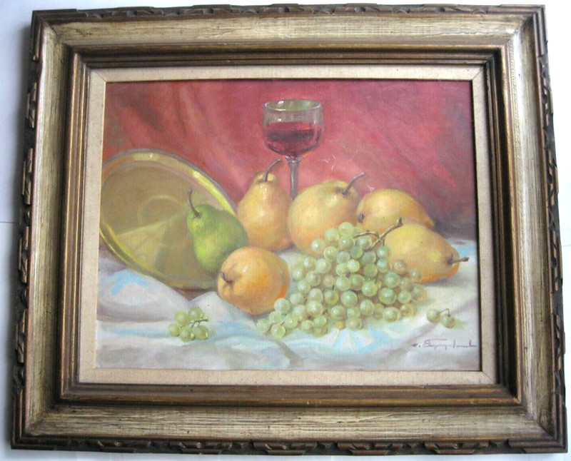 Vintage STILL LIFE FRUIT AND GLASS OF WINE Oil Painting by Eugenia Gegaleveyska