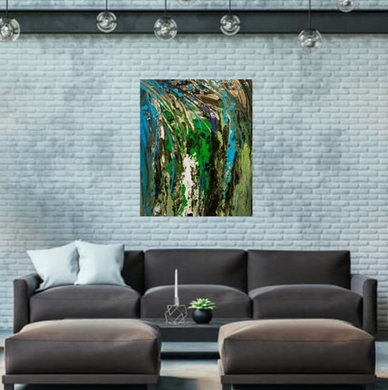 Original ABSTRACT Painting in Green Teal Blue, Abstract Painting on Wood Green