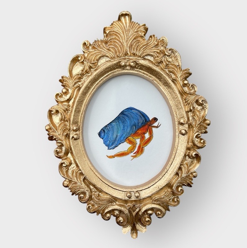 Hermit Crab watercolor art print in mini gold vintage style ornate frame