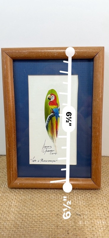 Macaw Parrot Feather Art Hand Painted Signed Painting Framed Signed 2001 Vintage gallery