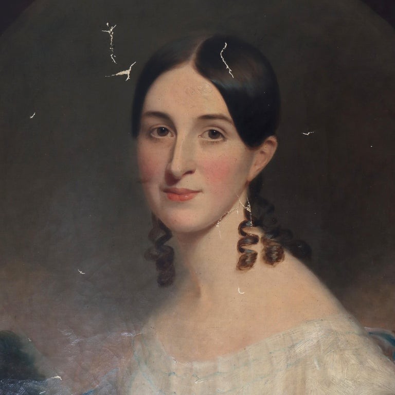 Antique Oil On Canvas Portrait Painting Of A Debutant C1820 gallery