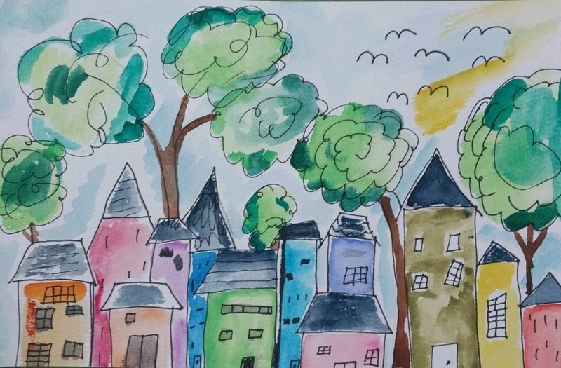 Original Watercolor Painting 6X9 Town Home Row Houses Artwork Home Decor GAT gallery