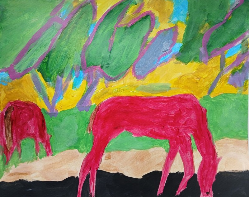 Abstract/Expressionism Red Horses 11×14 Modern Street Art Cartoony Painting