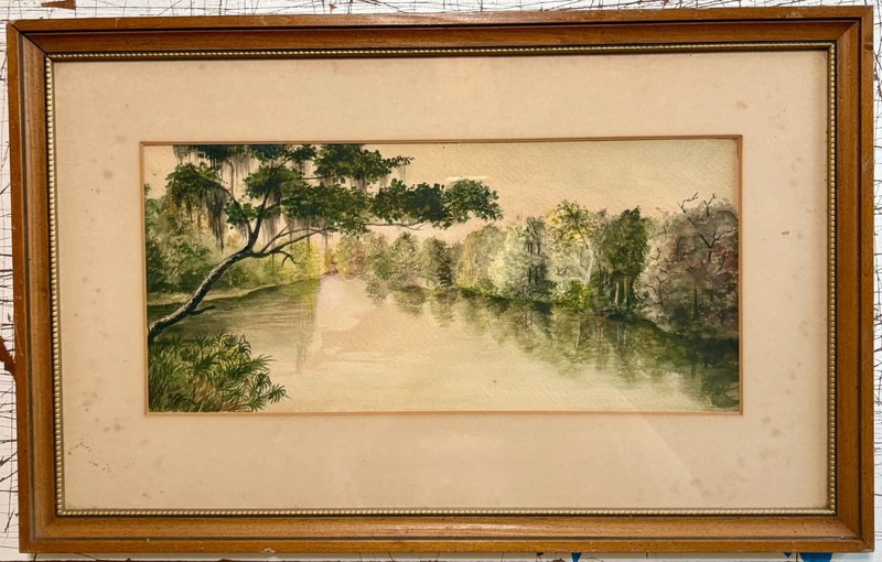 Southern River Scene Trees W/ Spanish Moss Vintage Watercolor on Paper Unsigned