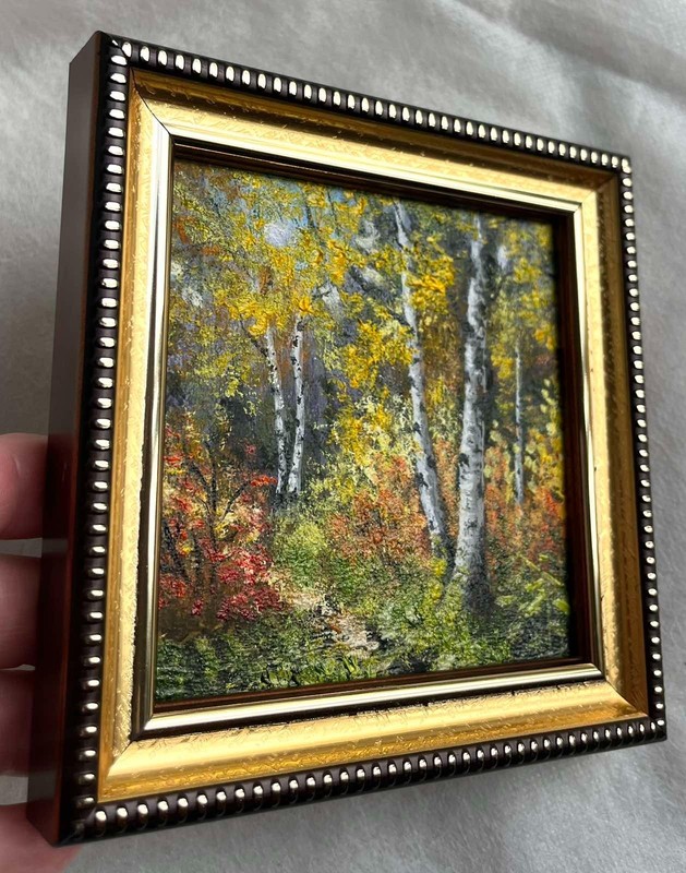Forest AUTUMN LANDSCAPE ORIGINAL Impressionism Art Oil painting Signed 4 x 4 in gallery
