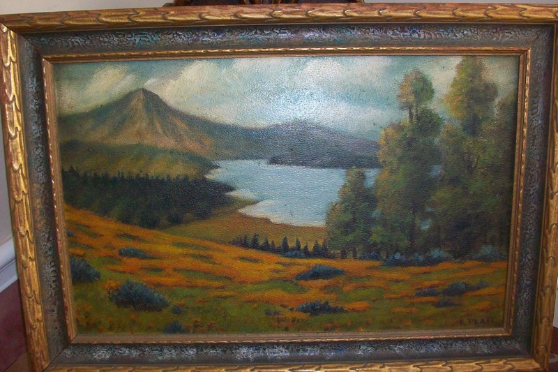 Old OOAK Original OIL ART PAINTING~E.Platt~RARE Ornate Deco FRAME Cadillac Maine