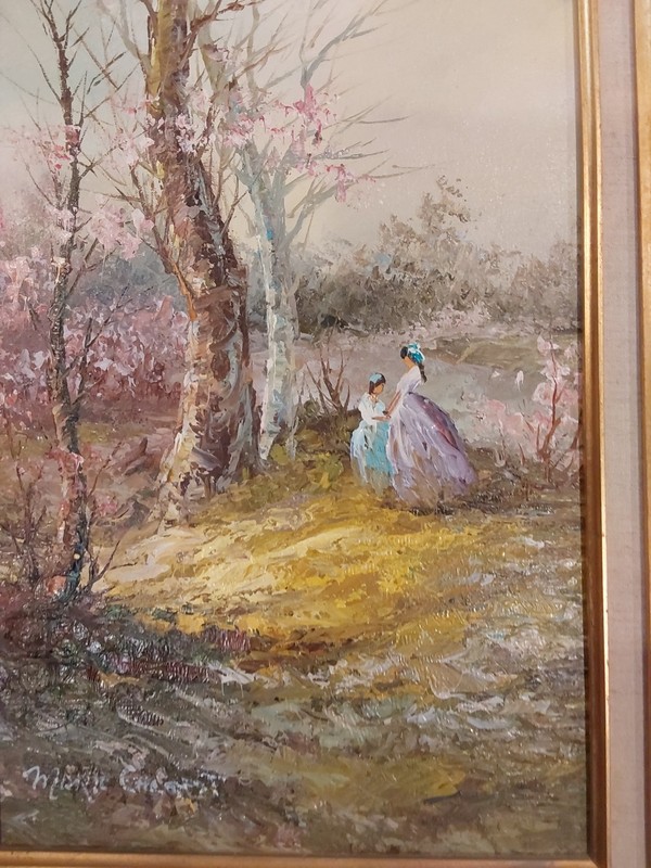 Marie Charlot Original Oil On Canvas Victorian-style Mother & Daughter 14" x 26" gallery