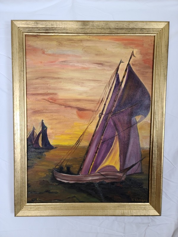 Vintage MCM Sailboat Oil Painting Sunset Seascape Signed Nautical Antique Art