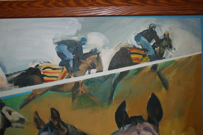 LARGE ORIGINAL FELICITY PRIEST 2000 SIGNED OIL PAINTING LYNDA'S FIVE RACE HORSES gallery