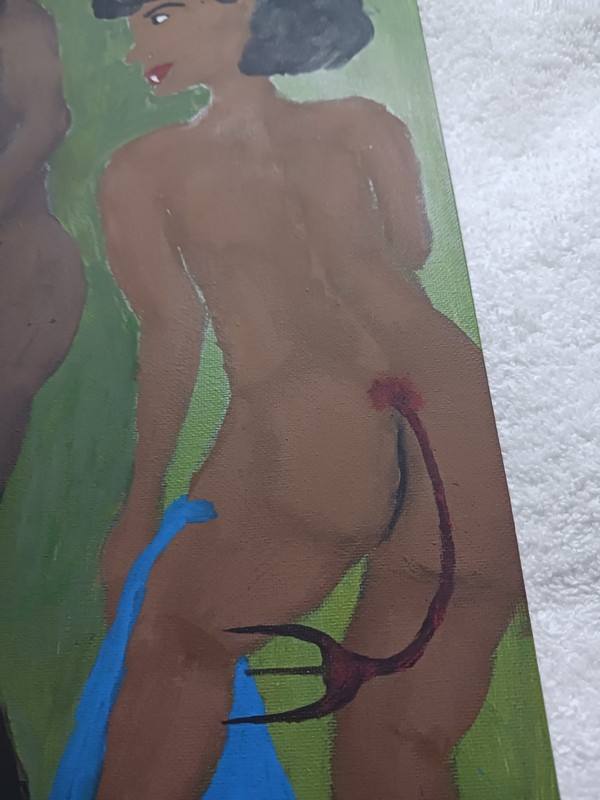 UNIQUE DEVIL & BLACK WOMAN PAINTING 12X16 TITLED (WRONG DIRECTION)- SIGNED gallery