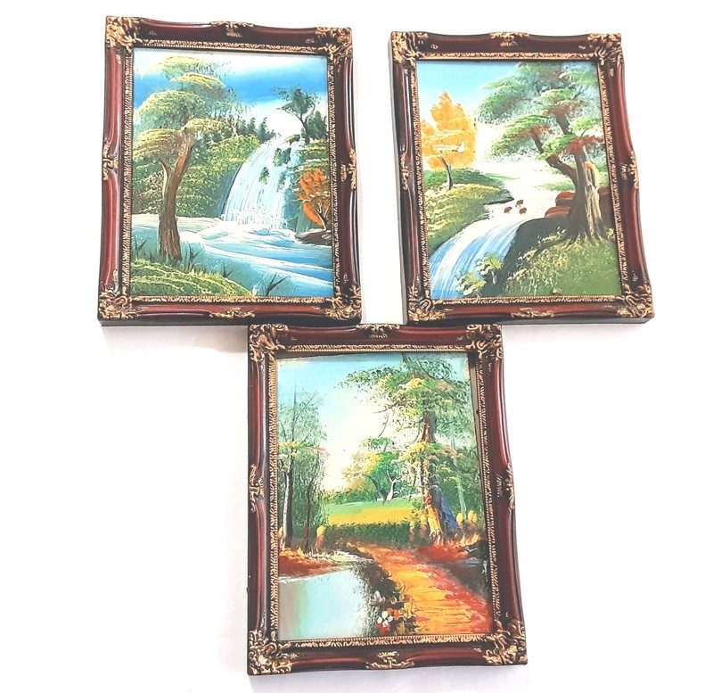3 Vtg Original Landscape Oil paintings Framed Forest Falls 6.5″x8.5″ 70s