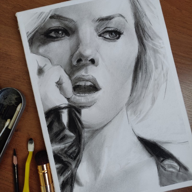 Original charcoal drawing. Beautiful girl portrait. black and white art