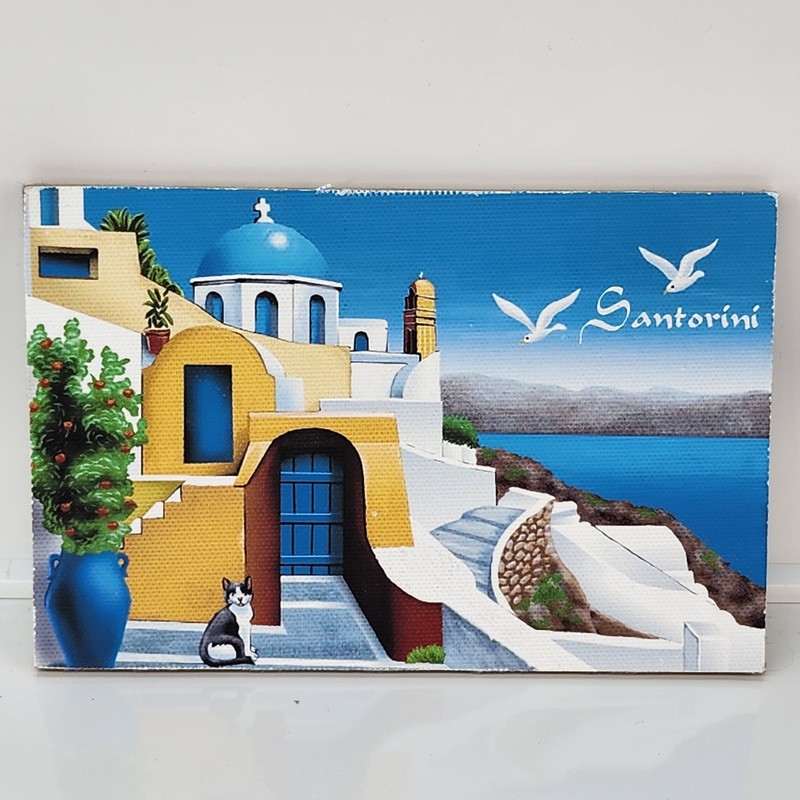Santorini Greece Oil Painting 6×4 Canvas on Wood Hand Painted Cat Seagulls Art