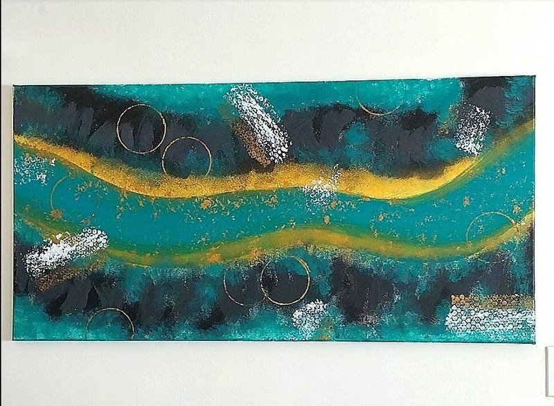 Abstract painting on 4ft by 2ft Canvas, Gold, Green, Black and white.