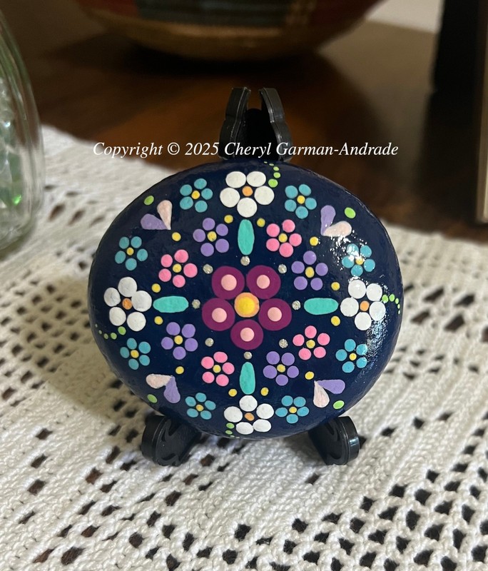 Original Dot Painted Stone Blue Flower Mandala by Cheryl Andrade