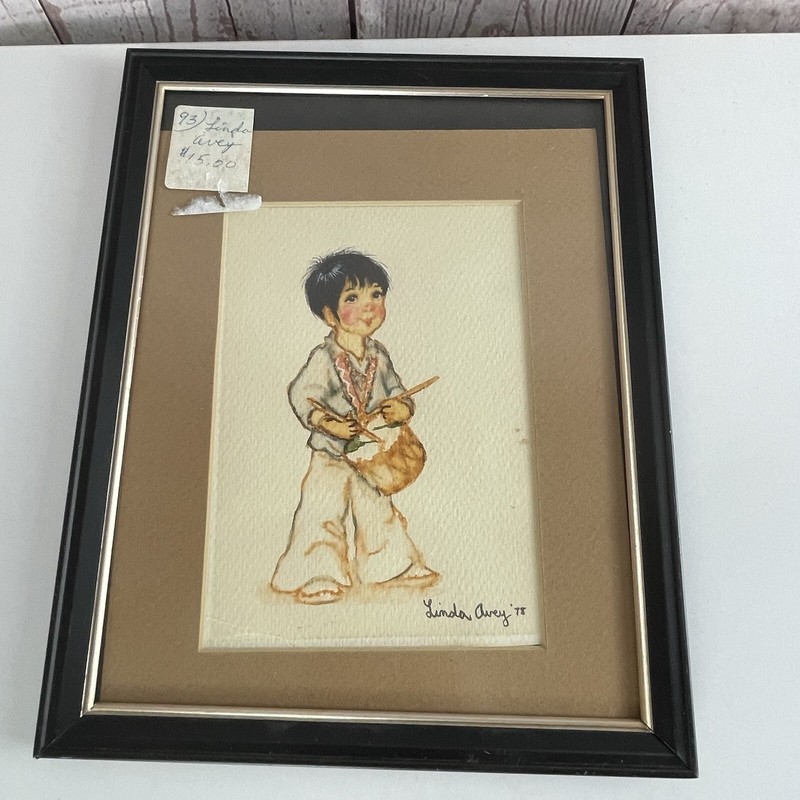 Linda Avey 1975? Signed Water Color Painting Little Drummer Boy Framed