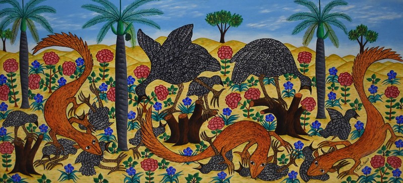 CHARLES SAUL-Haitian Folk Artist- Lrg Original Signed Acrylic-Birds and Wildlife