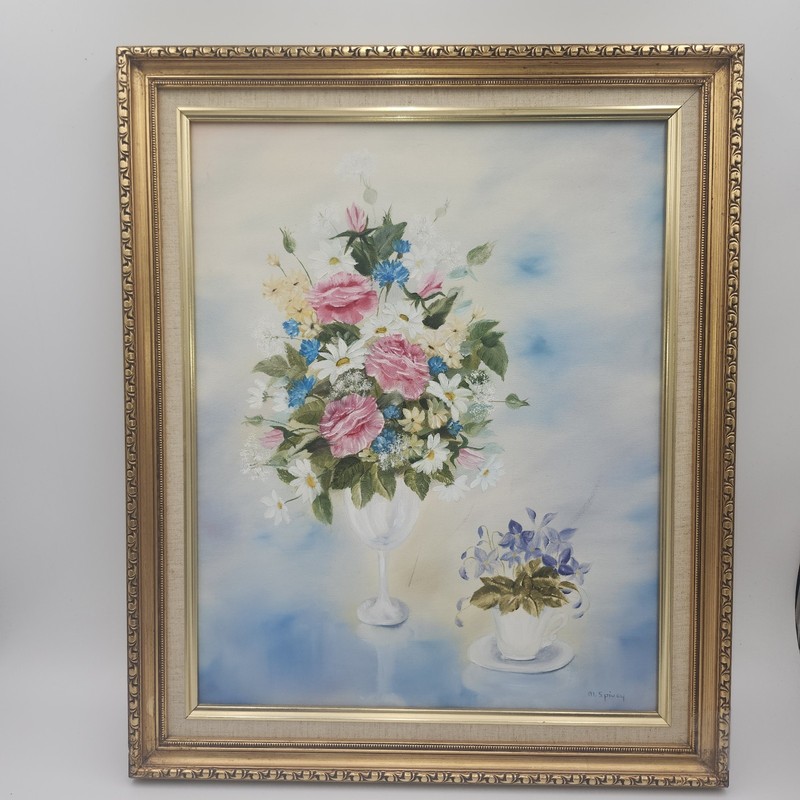 Vintage Oil Painting Flower vintage floral still-life signed pastels gold frame