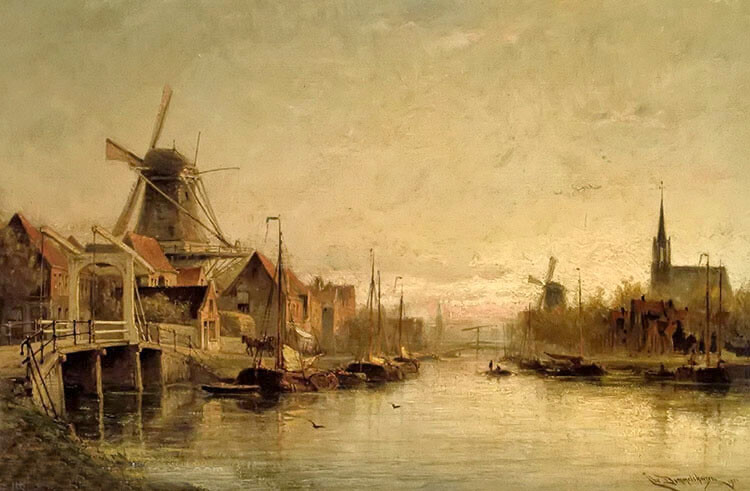 Oil painting Cornelis Christiaan Dommelshuizen – Evening at maashuis Holland art