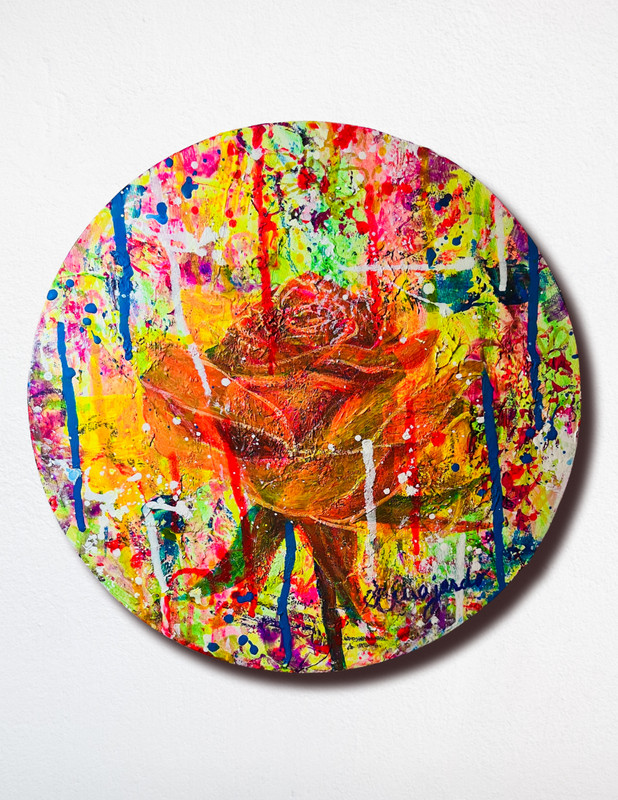 GUAJARDO Original Expressionism Neon Rose Blooming 12X12 Canvas Signed Art