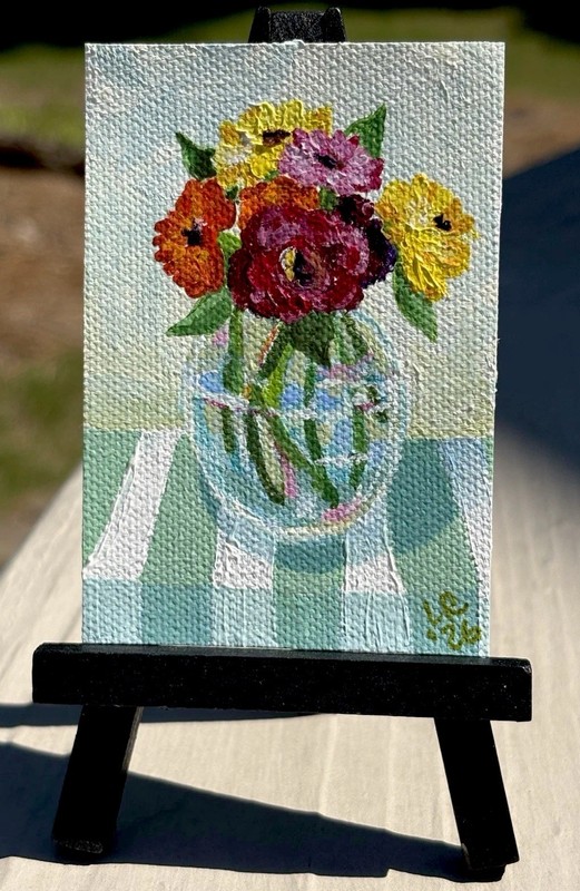 ACEO Original Floral Still Life Canvas Painting, Flowers,Glass Vase, Signed OOAK