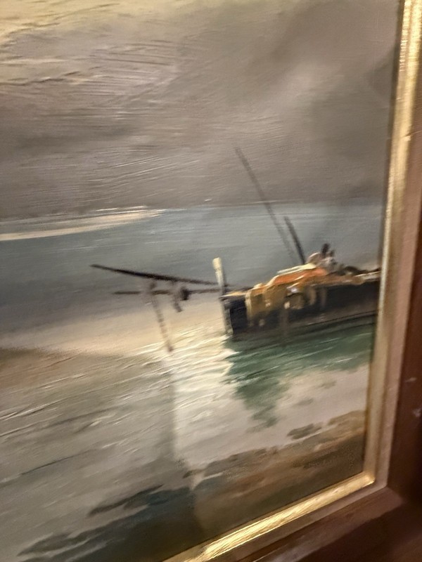Antique Vtg Oil Painting Canvas Signed Art T. Man Ship Sailing Boat Ocean Frame gallery