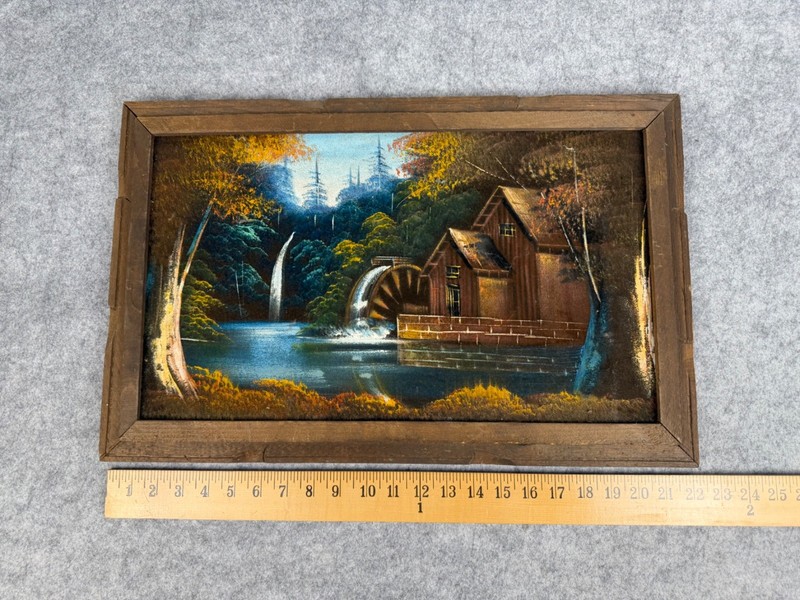 VTG Framed Landscape Painting Watermill Cabin River Waterfall Rustic Wall Art gallery