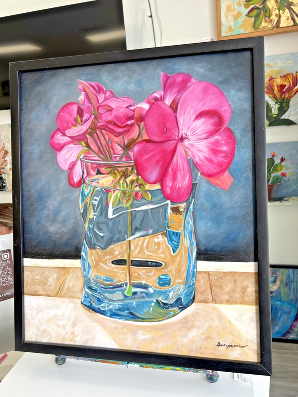 Original Oil Painting Pink Flowers in Glass Vase UNFRAMED 20x24 in gallery