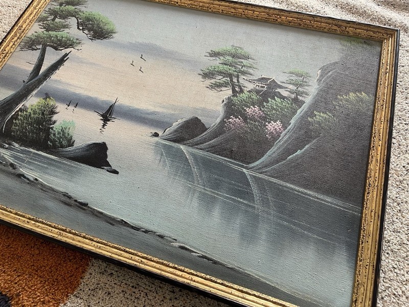 Vintage 21”x15” Oil On Canvas Framed Japanese Landscape Art gallery