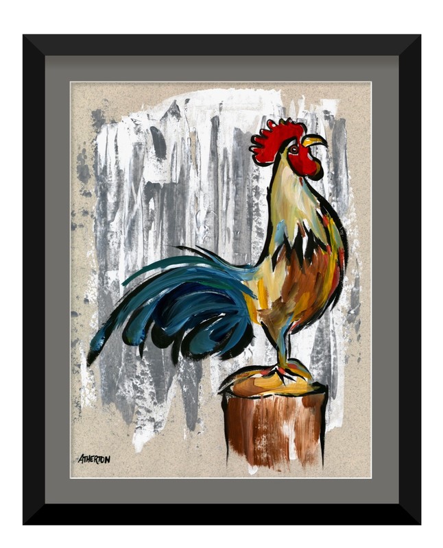 Atherton 11×14 Original Abstract Barnyard Chicken Painting «Rooster Post» signed